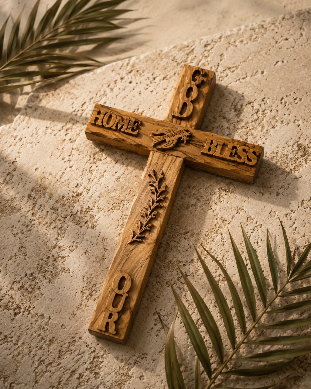 God Bless Our Home Olive Wood Cross
