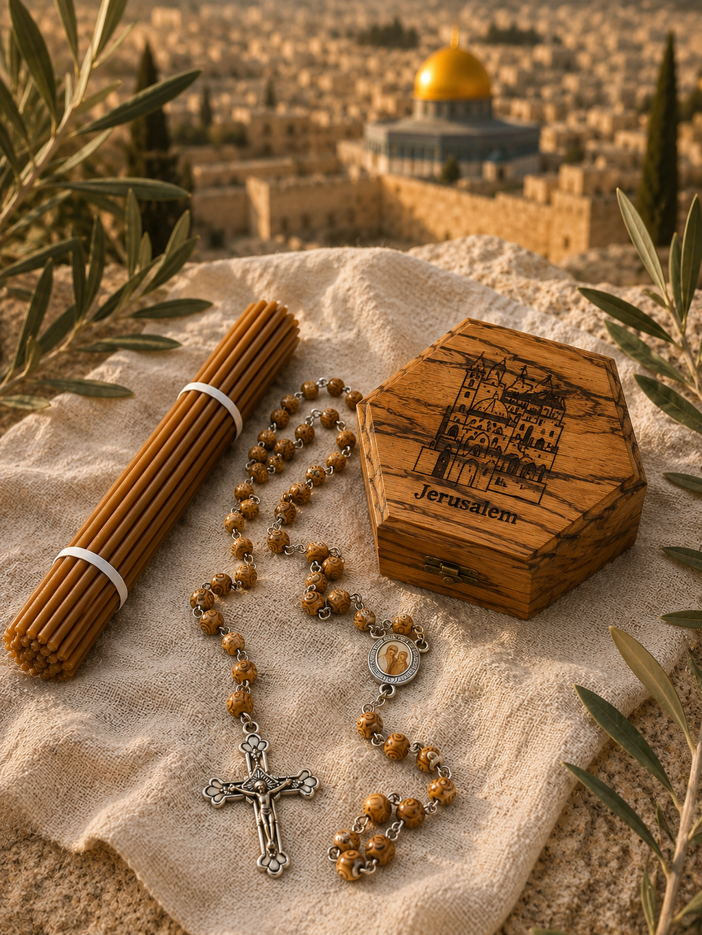 Jerusalem Prayer Bundle – Beeswax Candles & Blessed Rosary