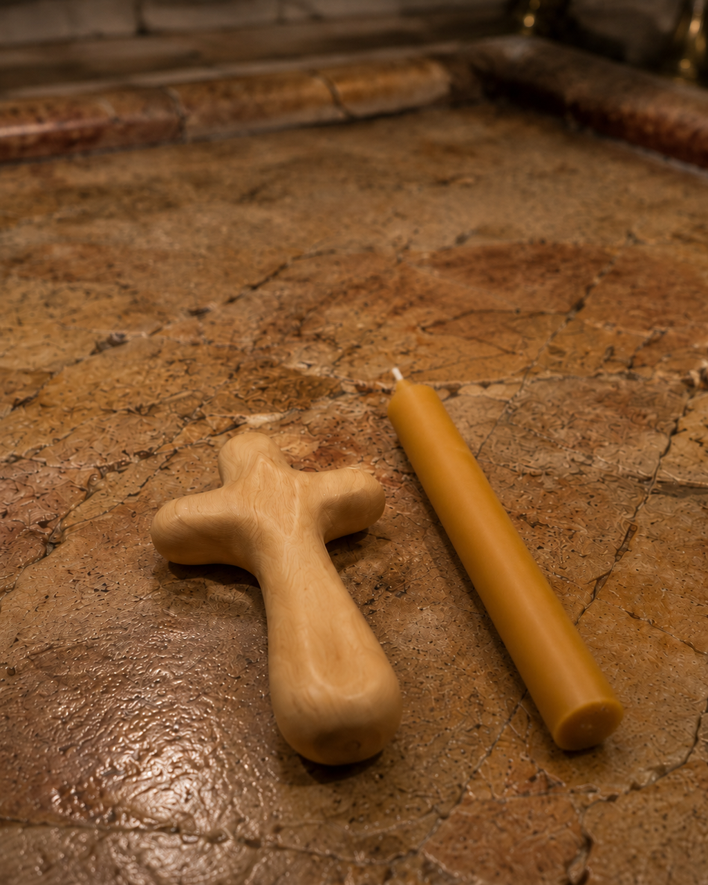 Jerusalem Olive Wood Cross & Pure Beeswax Candle Set